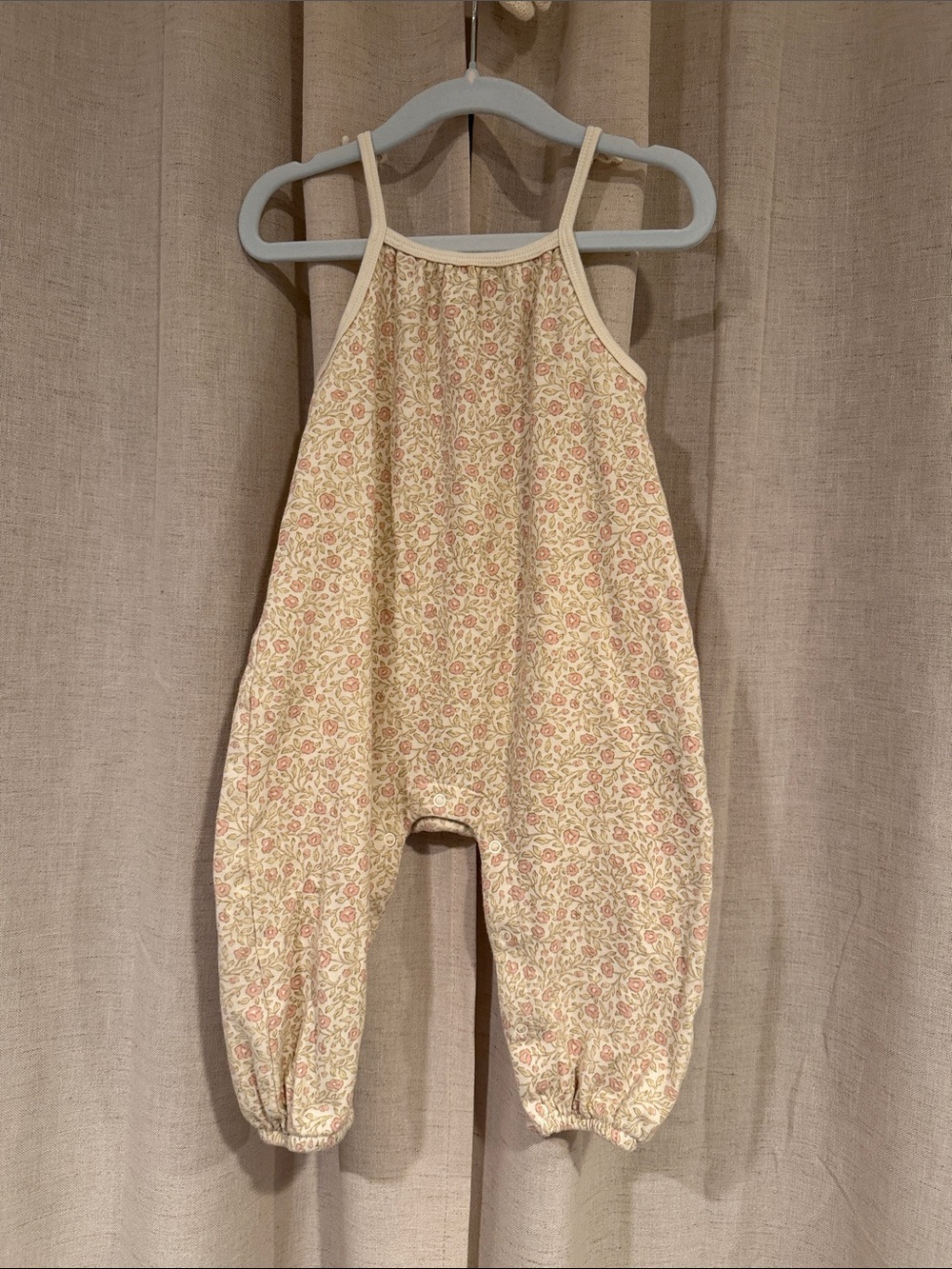 Quincy Mae Cream Smocked Jumpsuit with Pink Floral Print 12-18M Organic Cotton